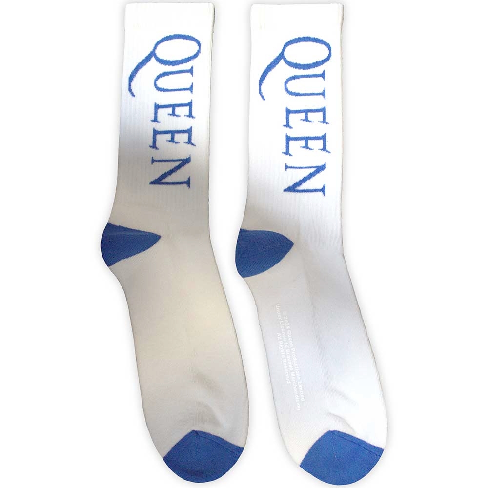 Queen - Blue Logo Socks - White